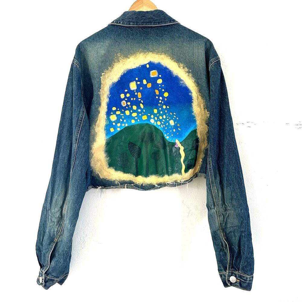 Disney Studio Rupunzel Cropped Denim Jacket Floating Lights Lantern Painting‎